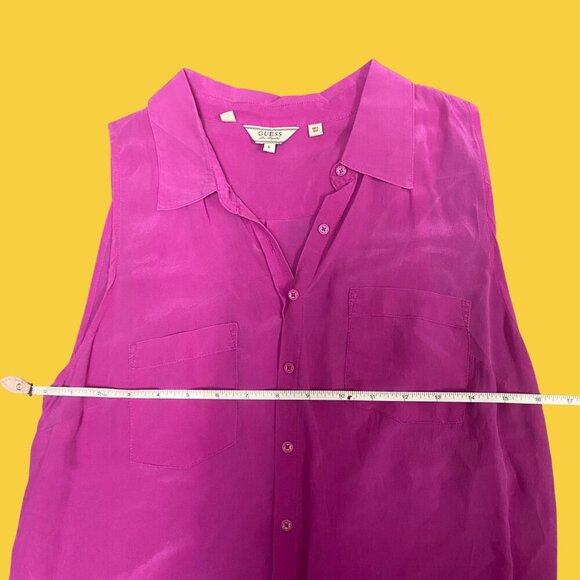 GUESS 100% Silk Magenta Sleeveless Button-Up Blouse – Size L - Picture 4 of 7